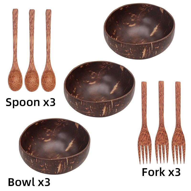 Vaisselle vajilla de coco de ramen, cuencos completos de platos, bol frutero, vajilla de madera, platos de cocina, fideos completa de platos frutero tazones ensaladera aperitivos para comer pipas y cascaras cáscaras: 3 bowl 3 spoon 3fork
