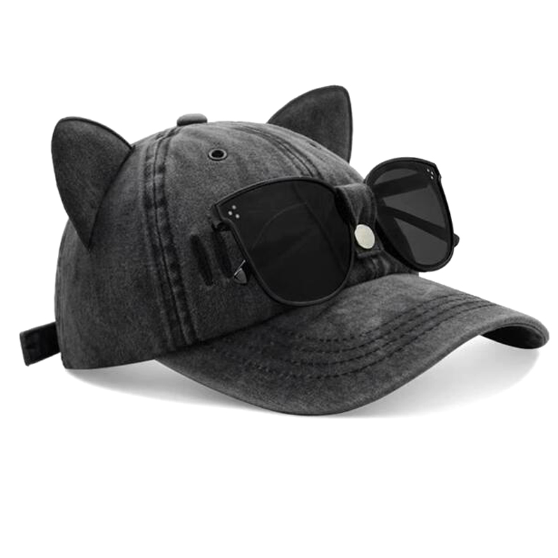 Meisjes Kattenoren Zonnebril Roze Baseballpet Ins Persoonlijkheid In Trendy Coole Meisjespet Gewassen Retro Katoenen Honkbalhoed: Black