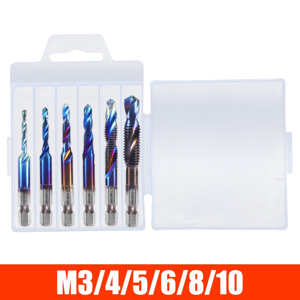 M3 M4 M5 M6 M8 M10 Titanium Tap Drill Bit Set Hex Shank HSS Screw Thread Metric Combination Drill Bits Compound Hand Tools: 6PCS Blue / Lengthen