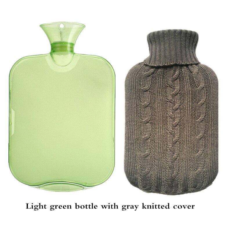 2000ml madecial pvc garrafa de água quente (azul) saco de água quente com capa de malha de china saco de água quente de borracha: green and grey cover