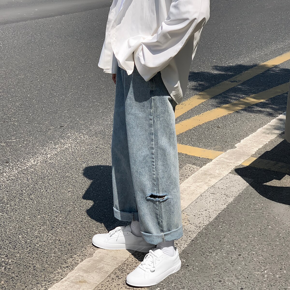 Koreaanse Stijl Ripped Baggy Jeans Kpop Mode Straight Denim Broek Mannen Kleding Hip Hop Cargo Broek Streetwear Mannelijke