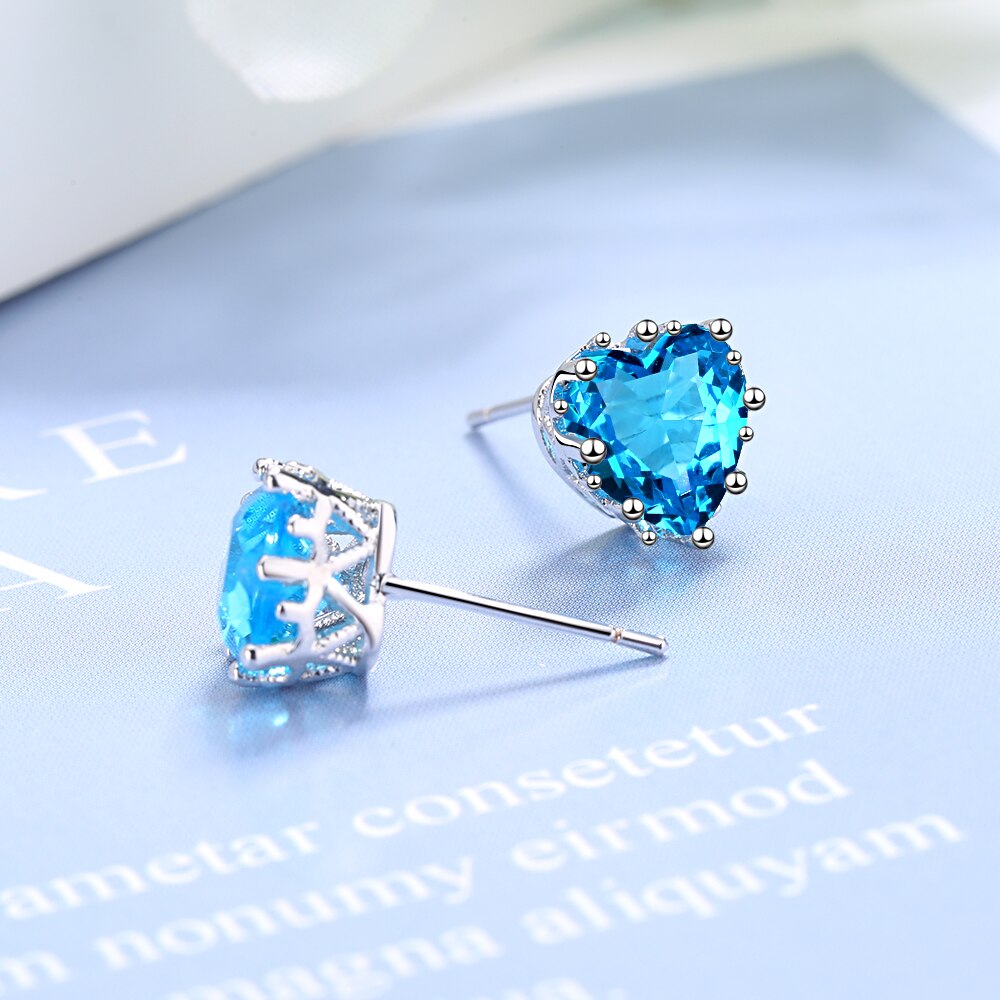 925 Sterling Zilver Liefde Hart Oorbel Luxe Vrouwelijke Crystal Blue Zircon Stud Oorbellen Voor Vrouwen Wedding Party S-E1039