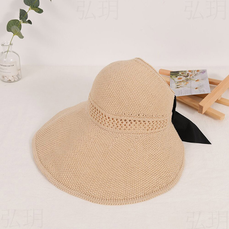 Sombrero de paja con lazo vacío para mujer, gorra de pescador plegable de ala ancha, de verano, para viajes al aire libre y playa, 56-58cm: beige