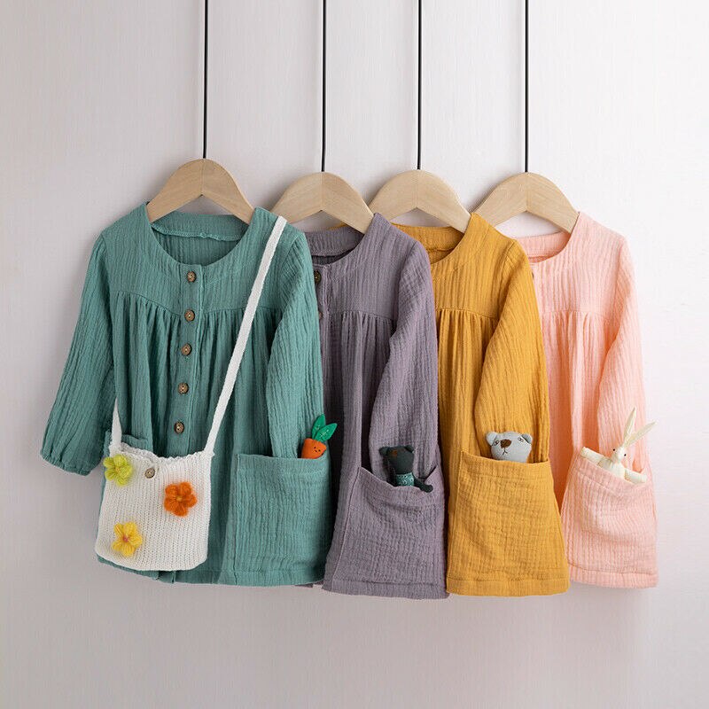 Casual Capretti Del Bambino Della Ragazza Abito Semplice di Cotone di Tela Solido A-Line Bottoni Tasche del Vestito A Maniche Lunghe Ragazze del Vestito di Autunno Vestiti 1-6Y