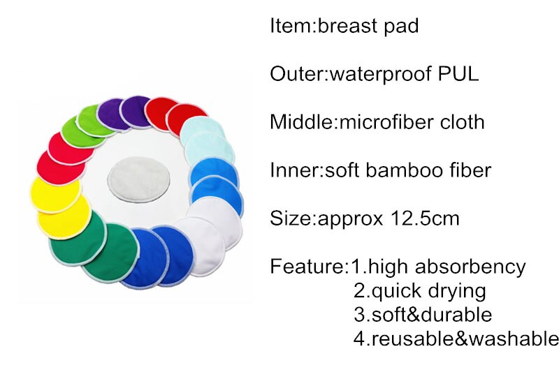 5 par vaskbare brystpuder, der kan genanvendes, vandtæt, trykt ammepadepude ,12cm størrelse, indvendige ammepuder i bambusmateriale