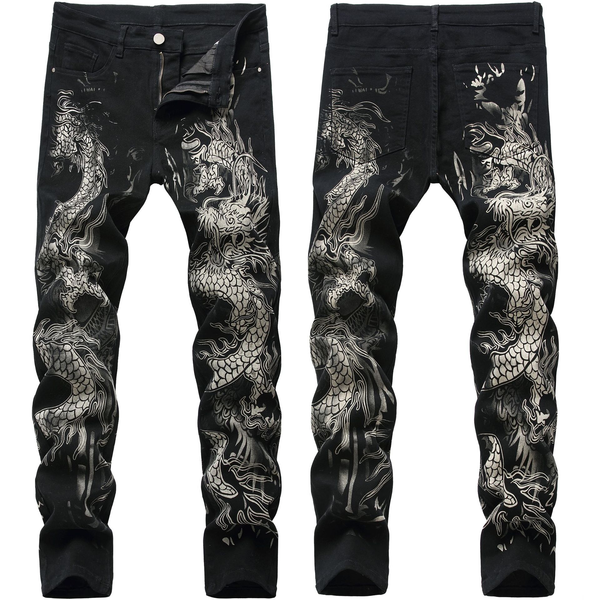 Dragon Printed Jeans Mens Denim Pants Men&#39;s Original Brand Casual Cotton Slim Pencil Pants Male Black Jeans: 30