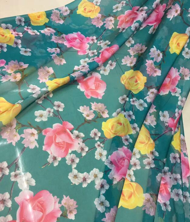 Chiffon Rose stof polyester stof Dunne stof mode shirt stof Bloemen gedrukt chiffon: Teal