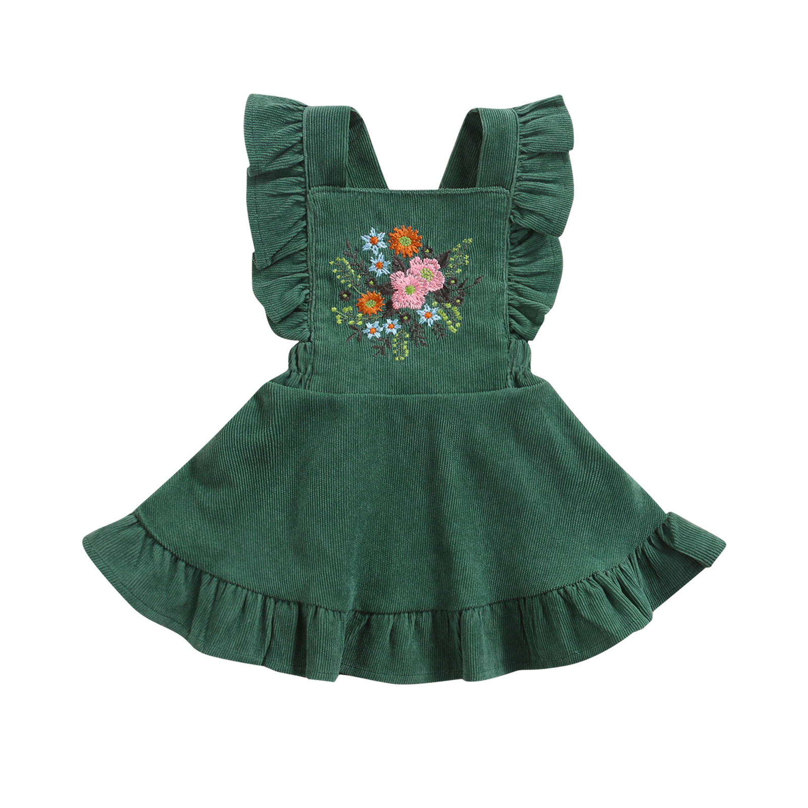 Falda con volantes y tirantes para niña, falda de princesa bordada con flores, estilo Vintage, con tirantes de pana