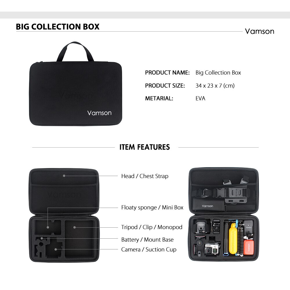 Vamson for Gopro hero 7 6 5 4 Accessories Kit for Xiaomi yi 4k for SJCAM M10 for SJ5000 case EKEN SOOCOO Action Camera VS100