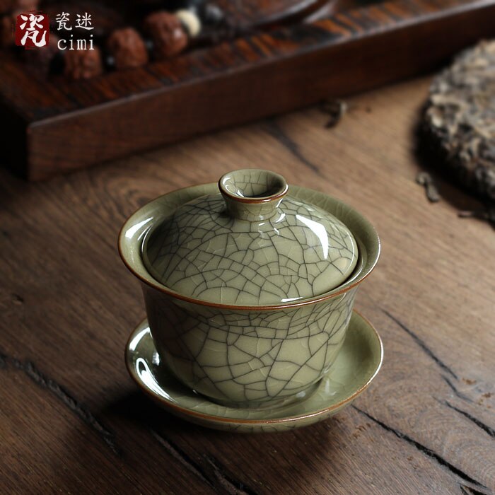 [grandness] kinesisk ge ovn longquan celadon porcelæn gaiwan kina tekopper og te skål keramisk 155ml knitre glasur tekande: B