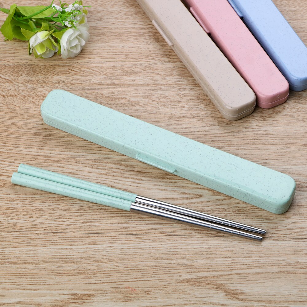 HOOMIN 1 Pair Food Sticks Chinese Chopsticks Wheat Straw 304 Stainless Steel Portable Travel Chopsticks with Storage Box: Green