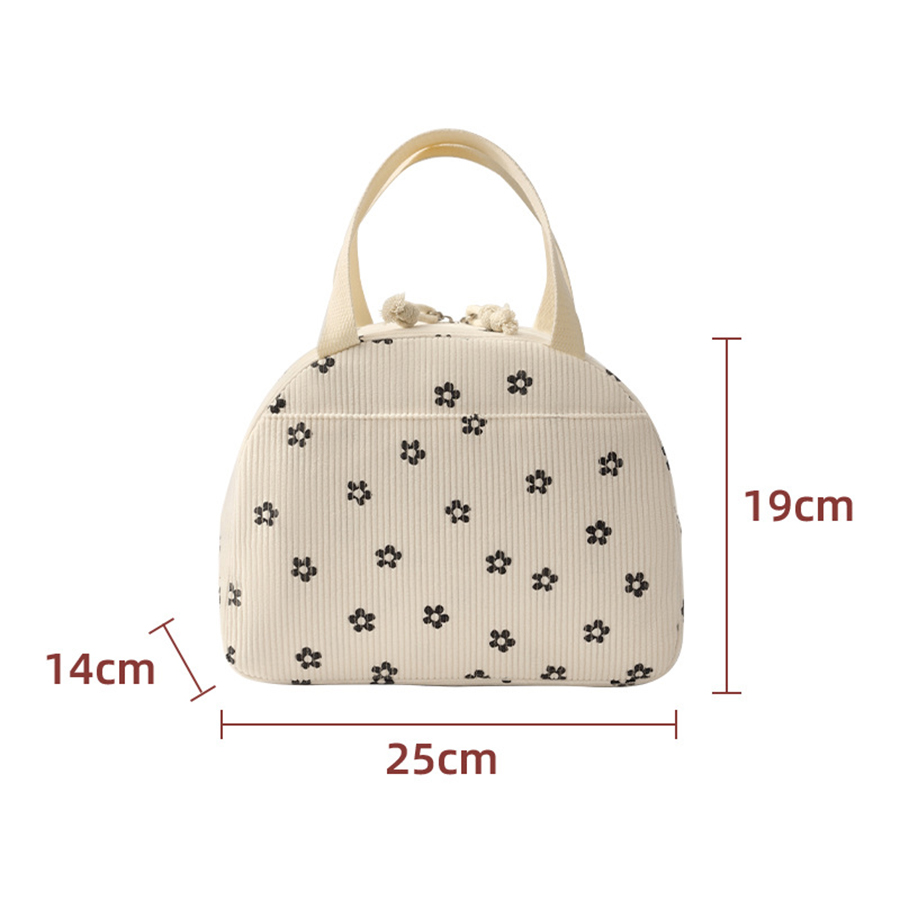 Portable Corduroy Lunch Bags Thermal Insulation Lunch Box Cute Print Women Lunch Storage Bag Picnic Bento Large Capacity Handbag: black