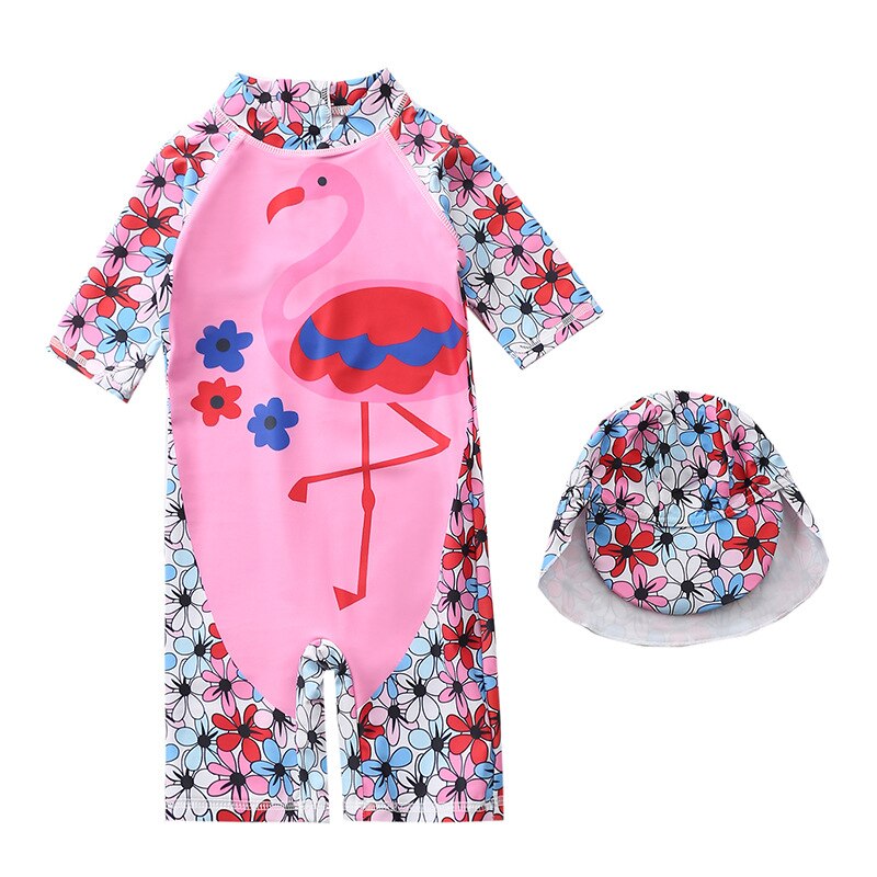 Pige et stykke jakkesæt flamingo badedragt 1-6 år børn kortærmet badetøj strandtøj barn sød tegneserie badedragt: Xl