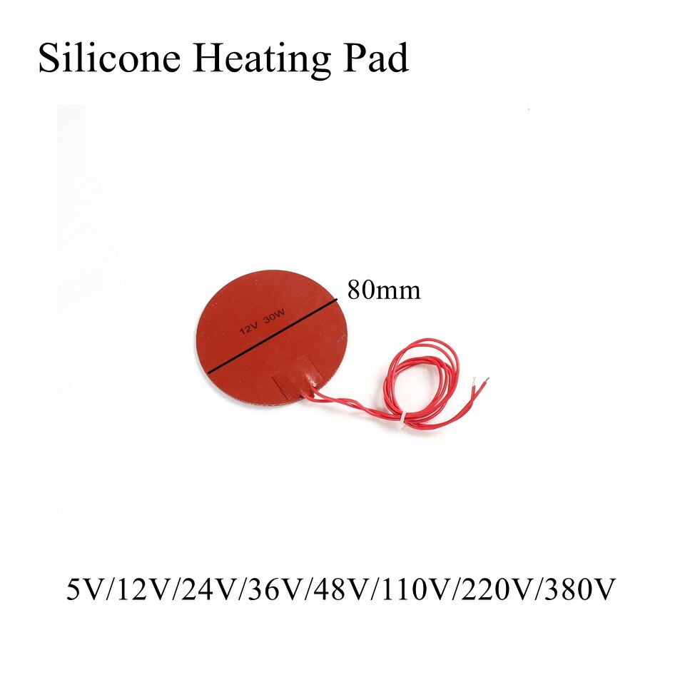 Round 80mm 5V 12V 24V 36V 48V 110V 220V 380V Silicone Heating Pad Rubber Heat Mat Heated Bed Plate Flexible Waterproof 3D Print