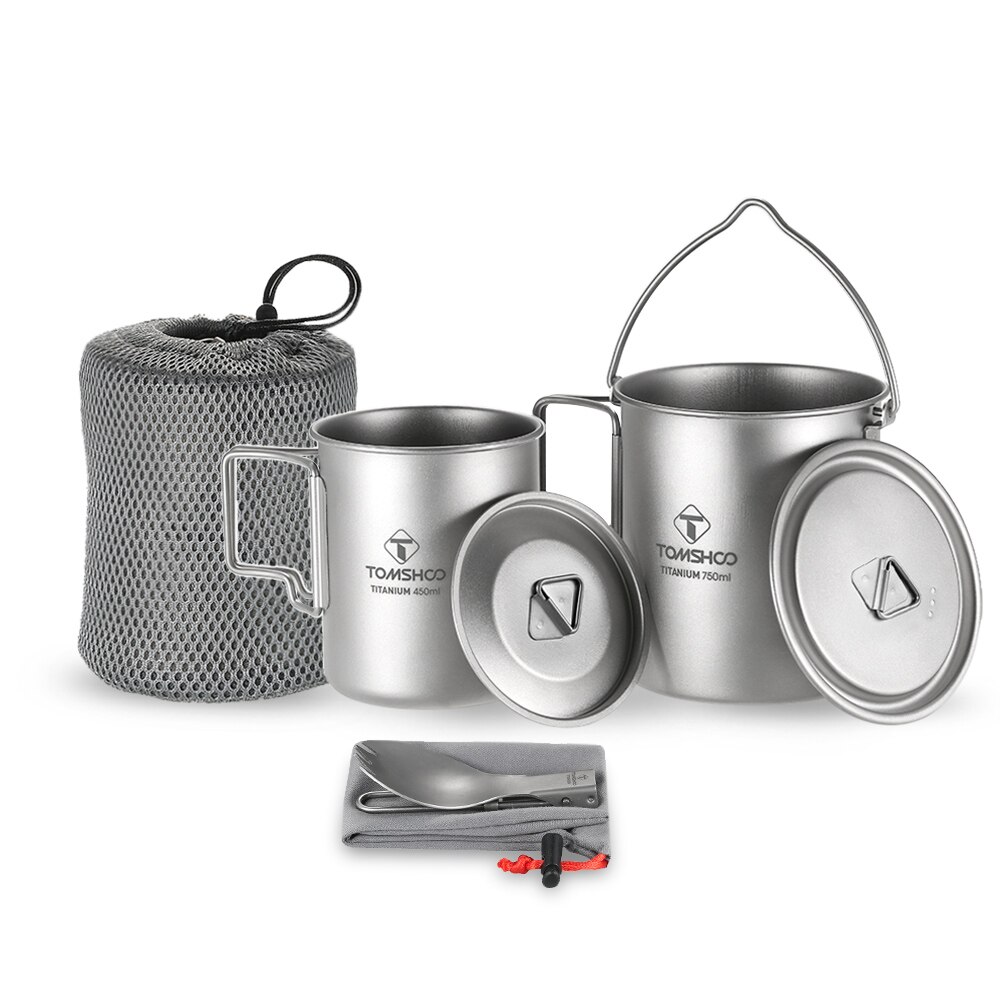 Tomshoo 3 Stuks Cup Set Titanium 750Ml Pot 450Ml Water Cup Mok Met Deksel Opvouwbare Handvat Vouwen Spork kamp Lichtgewicht Picknick