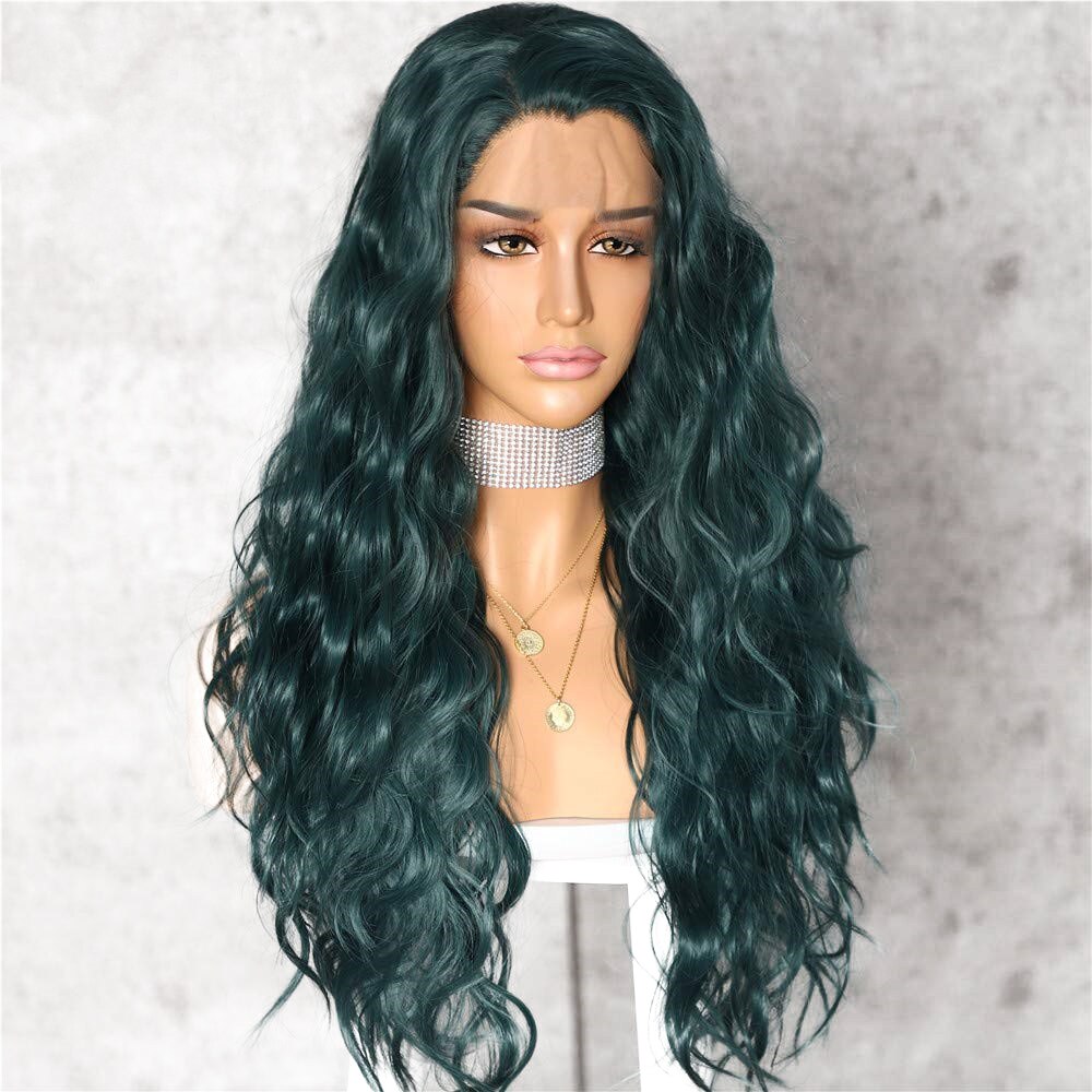 Lvcheryl Dark Green Color Heat Resistant Hair Wigs Party Wigs Natural Wavy Synthetic Lace Front Wigs for Women Wear