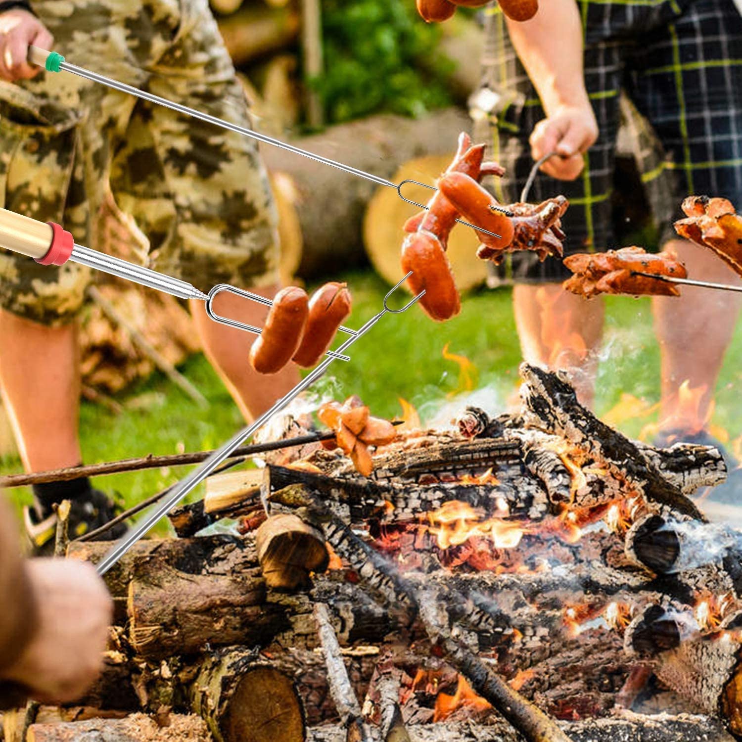 8Pc Roosteren Sticks Marshmallow Roosteren Sticks Met Houten Handvat 32 Inch Uitschuifbare Bbq Vorken Telescopische Sticks Voor Vuurkorf