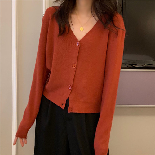 Neploe løs skør stil enkelt bryst sweater cardiagns kvindelig v-hals langærmet strikket jumper pull femme frakke solid løs 48010: Murstensrød