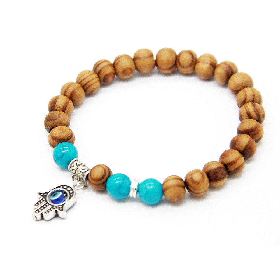 Ailatu 8mm Wood Beads Fatima Hand Hamsa Bracelets, OM Yoga Jewelry: Hand