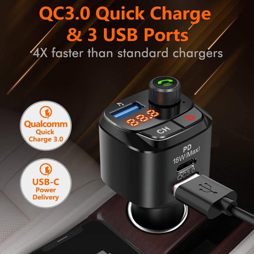 Bluetooth 5.0 FM Transmitter Suitable For Car QC3.0 PD 18W Wireless Radio Adapter Music Player Car Kit With Ambient Light
