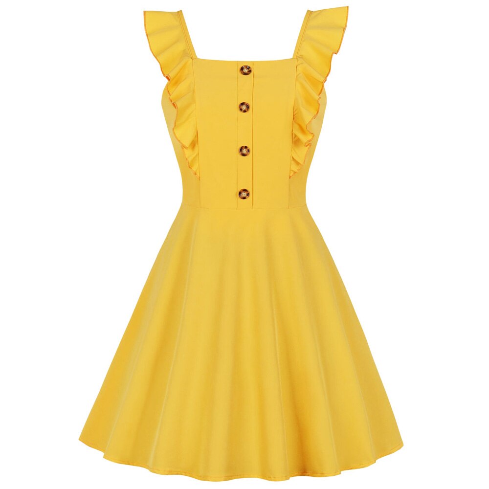 Handmade Yellow Square Collar Button Summer Chiffon Dresses Half Sleeve main image 0