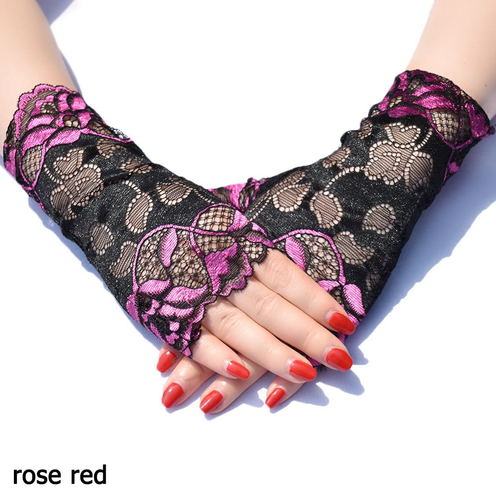 Women Sexy Fingerless Gloves Half Finger Sunscreen Short Lace Gloves Rose Flower Pattern Festival Gloves: rose red