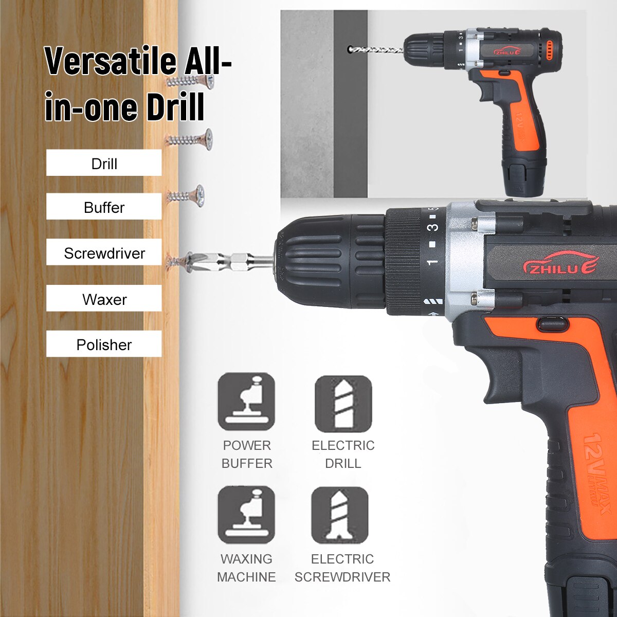 12V Cordless Drill/Driver Kit 1400rpm Variable Speed Polisher Car Buffer Waxer Set Screwdriver with 5 Bits&1 Wool Polishing Pad