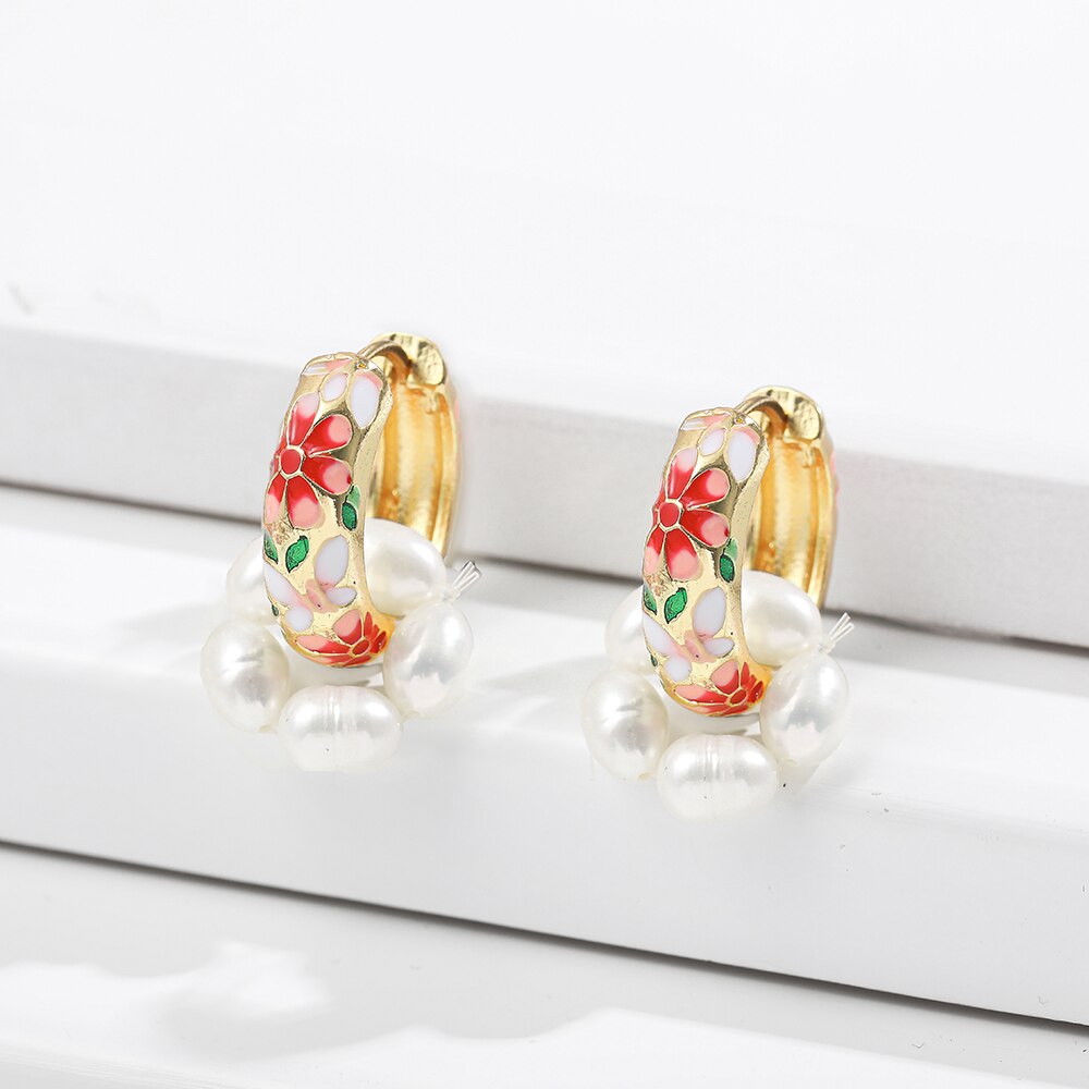 Bohême fleur feuille petit cerceau boucle d'oreille pour les femmes multicolore émail petits cerceaux Huggie boucles d'oreilles perle Bijoux Brincos: 4