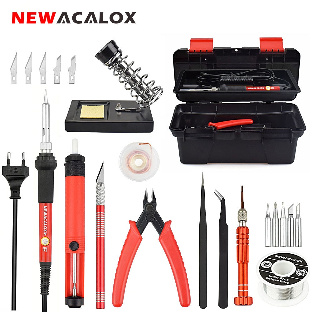 NEWACALOX Red EU/US 220V 60W Adjustable Temperature Electrical Soldering Iron Kit SMD Welding Repair Tool Set Tool Box 25pcs/lot