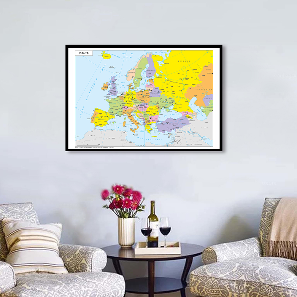 Toile de peinture en aérosol de la carte de l&#39;europe en français, 84x59cm, affiche d&#39;art mural décoratif, décoration de salon, de maison, fournitures scolaires