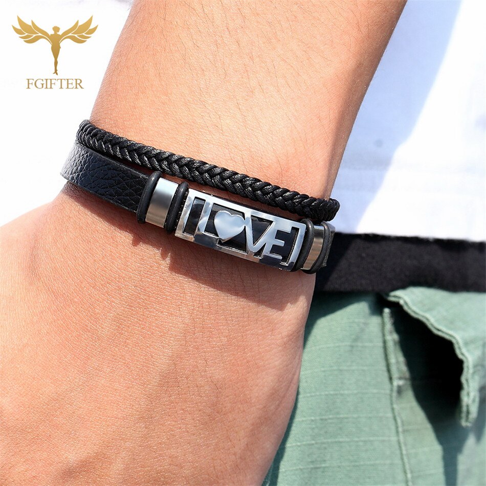 Pulseras románticas de amor para pareja de hombres y mujeres, pulsera de cuero de tejido multicapa, brazalete de acero inoxidable, joyería