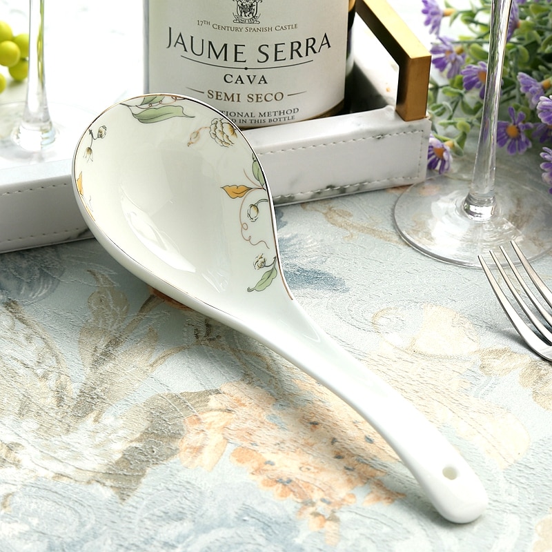 Cuchara de cerámica china para sopa, cucharón de cerámica natural para cocinar, utensilios para servir, buffet, pintura de hojas verdes