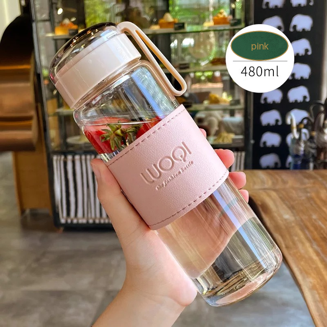 Botella de cristal portátil resistente al calor, 340ML, 480ML, para bebidas, agua fría, zumo, té, con tapa de tornillo, filtro, red fácil de llevar: pink 480ml