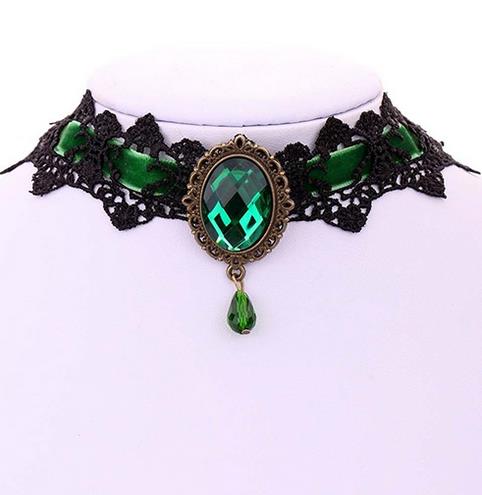 Halloween Sexy Gothic Chokers Crystal Black Lace Hals Collares Choker Ketting Vintage Victoriaanse Vrouwen Chocker Steampunk Sieraden: green