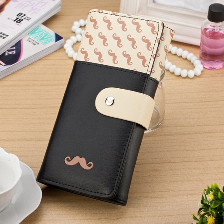 Cartera con broche de cuero PU, cartera con patrón de lindos bigotes, cartera para Mujer, monedero, tarjetero, cartera para Mujer: black