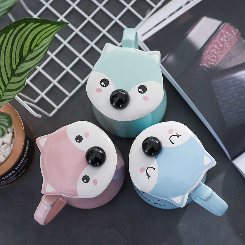 420ml Fox Shape Ceramic Mug Cartoon Animal Coffee Mugs with Lid Spoon Tumbler Cup Novelty for Christmas