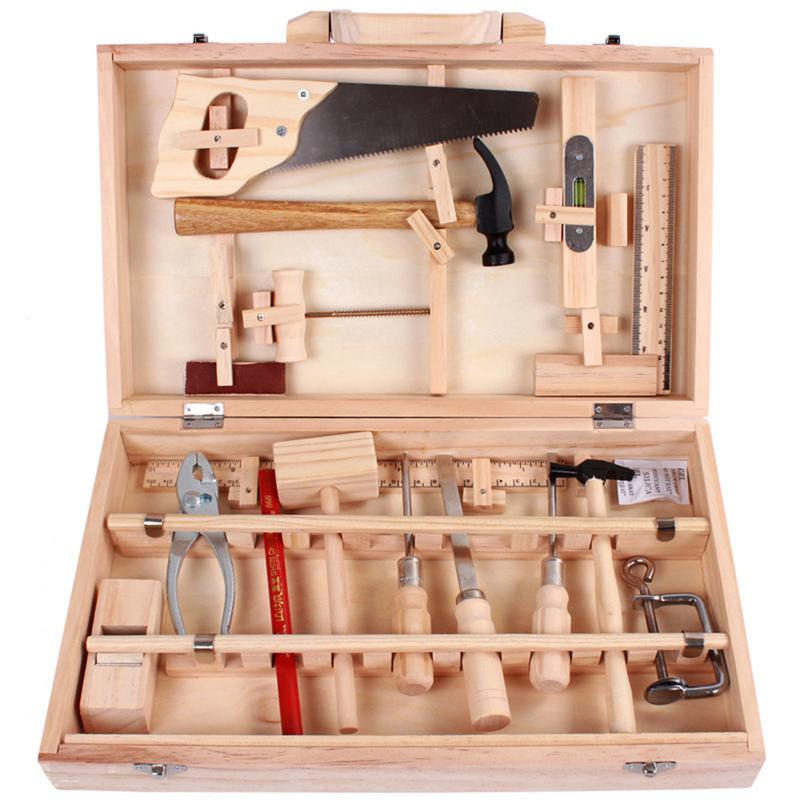 Børns foregiver reparationsboks legetøjsdemontering multifunktionelt træbearbejdningskasse træ børnestørrelse ægte værktøjssæt leg huslegetøj