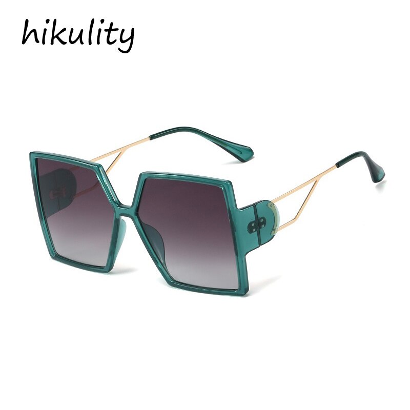 Luksusmærke solbriller til kvinder vintage overdimensionerede sorte firkantede legeringer solbriller kvindelige hule gradient nuancer: Grøngrå