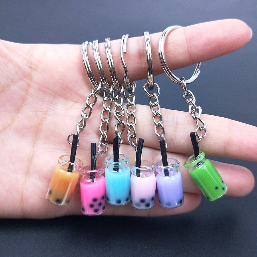 Acryl Leuke Sleutelhanger Parel Melk Thee Drinken Fles Wijn Glas Ijs Sleutelhanger Autosleutel Tas Hanger Koppels Vrouwen mannen Trinket