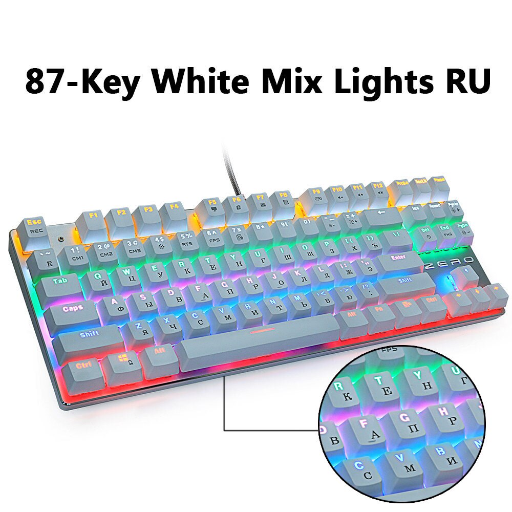 METOO Mechanical Keyboard USB Wired Backlit Gaming keyboard Anti-ghosting Blue Red Brown Switch for pc Game Laptop PC Russian: 87MX light White RU / Red Switch