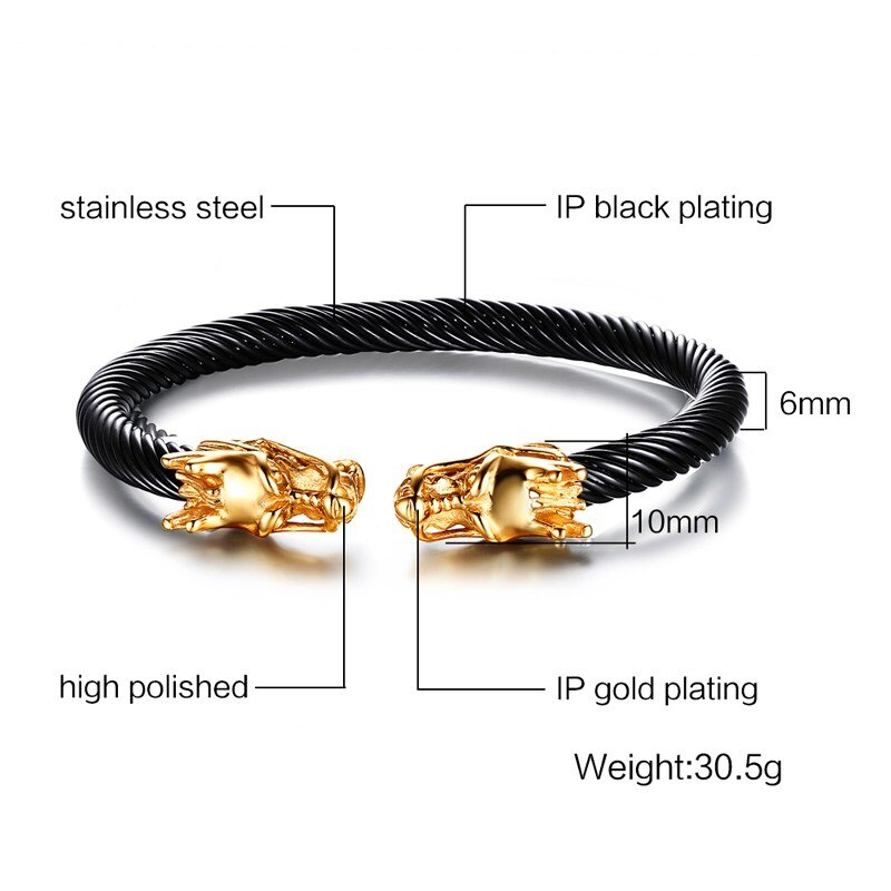 Einzigartige Elastische Einstellbare Gold-Tonne Drachen Kopf Manschette Armreif in Schwarz Edelstahl verdrehte Kabel Armbinde für Männer Schmuck