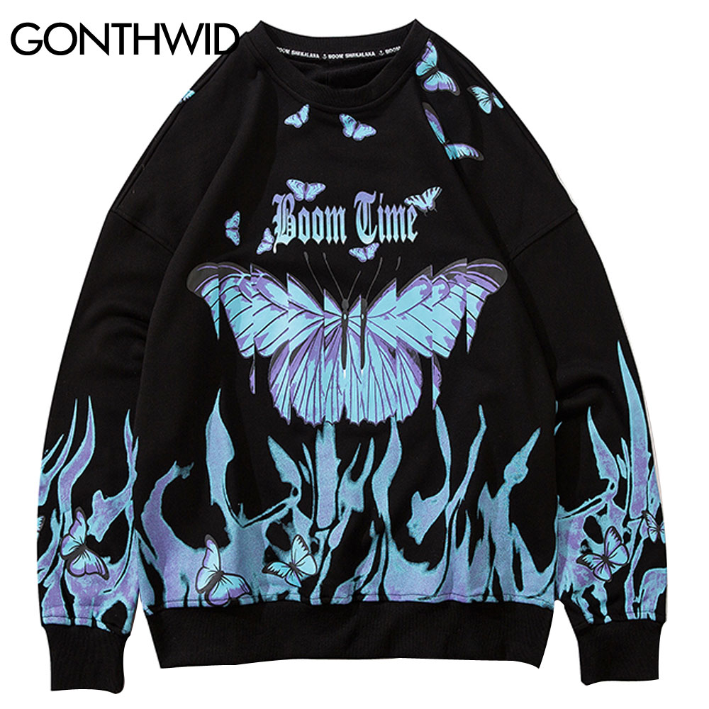 GONTHWID feu flamme papillon imprimer pull sweats à capuche Harajuku Hip Hop décontracté col rond sweat hommes hauts à la
