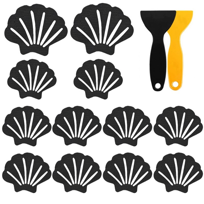 12 pçs antiderrapante banheiro banheira antiderrapante adesivos antiderrapantes com 2pc raspadores chuveiro tira escudo em forma para pisos piscinas escadas escadas: Black