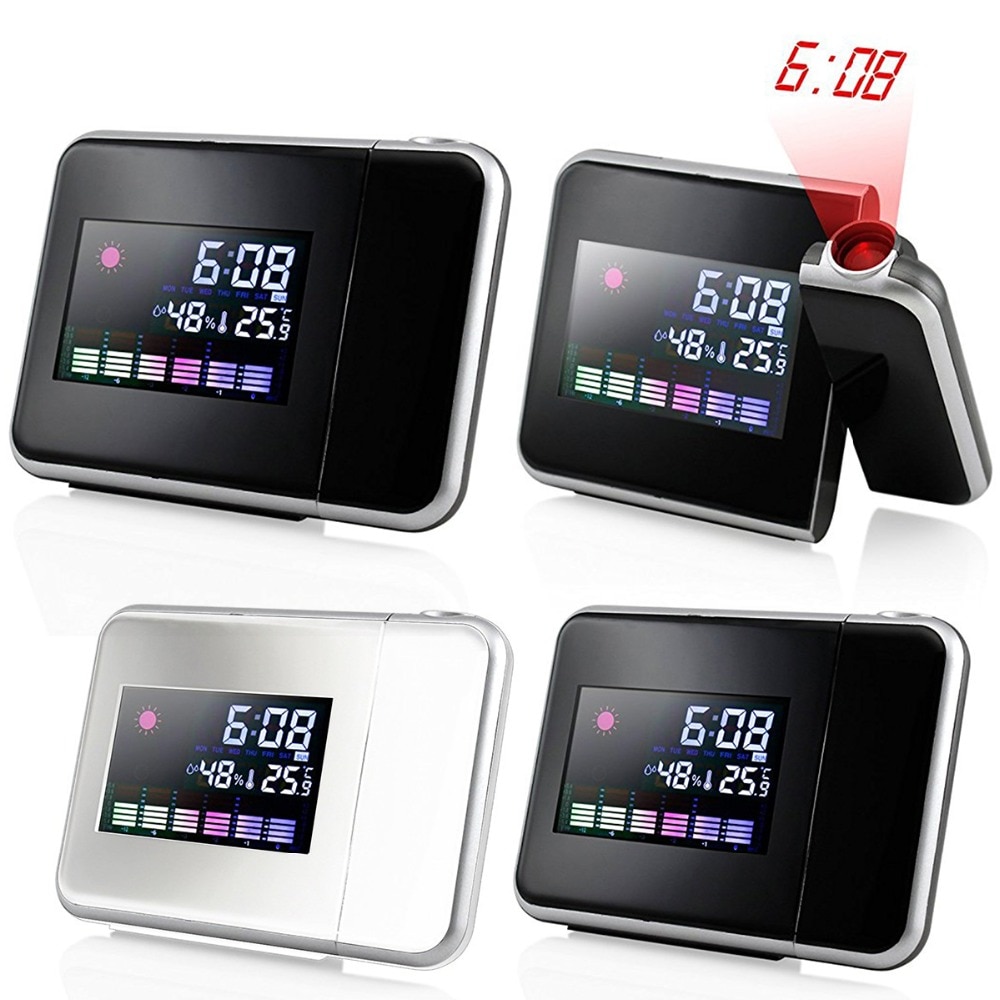 Digital LCD Projection LED Display Alarm Clock Weather Snooze Function Temperature Thermometer Humidity Table Clock Decor