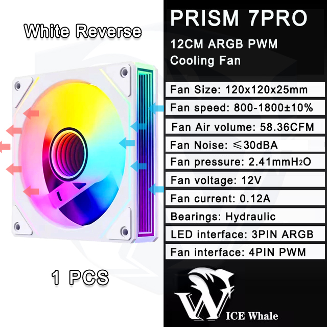 ICE Whale PRISM 7PRO 120mm ARGB Case Fan 1800RPM 4PIN PWM Ventilador de resfriamento silencioso de grande volume de ar: Blue