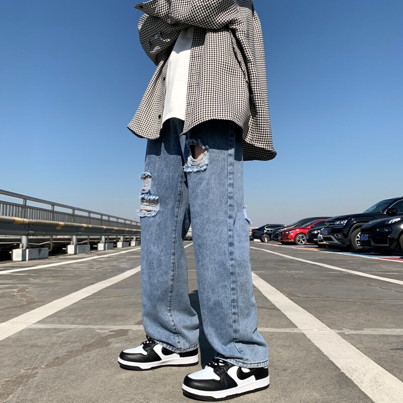 Spring Summer Blue Ripped Jeans Men Casual Straight Jeans Men Streetwear Loose Hip Hop Hole Denim Pants Mens Trousers