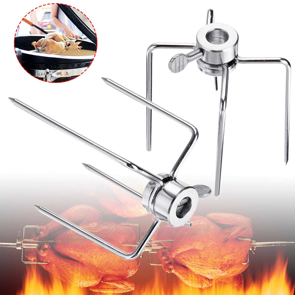 2 stücke Edelstahl Rotisserie Fleisch Gabeln Klemme Grill Meatpicks Grill Spieß Mit Verriegelung Schraube Schnelle Anpassungen BBQ Werkzeuge
