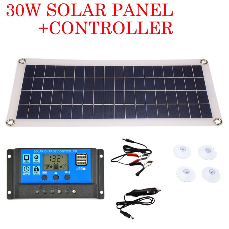 30W Solar Panel Dual USB Output Solar Cells Poly Solar Cells Panel 10-60A Controller for 12V/24V Battery Power Charger