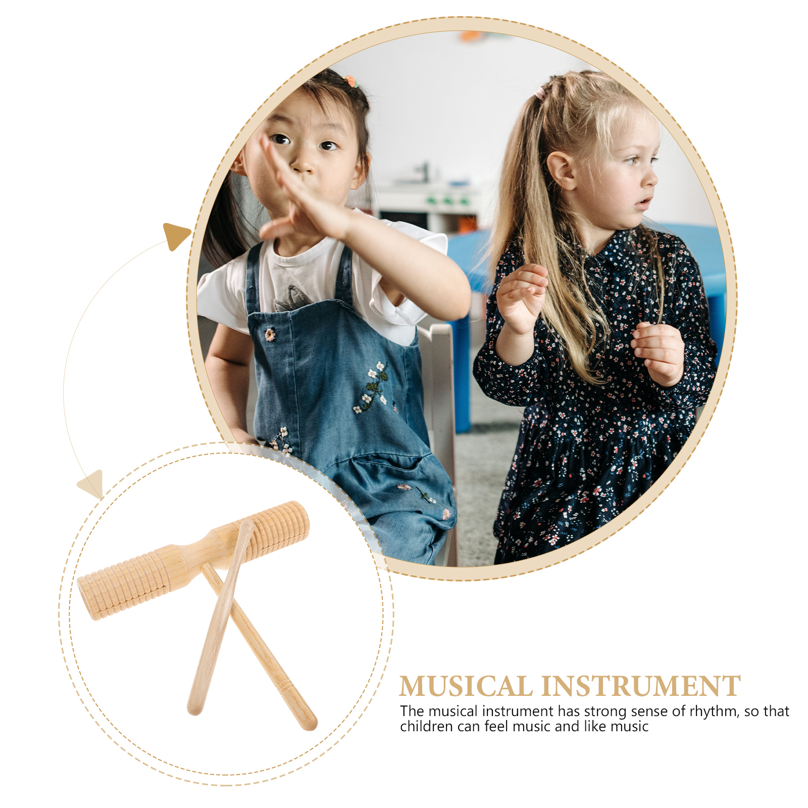 Houten dubbele hoorn Guiro muziekinstrument percussie voor kinderen, beginnende kinderen met stokstokken