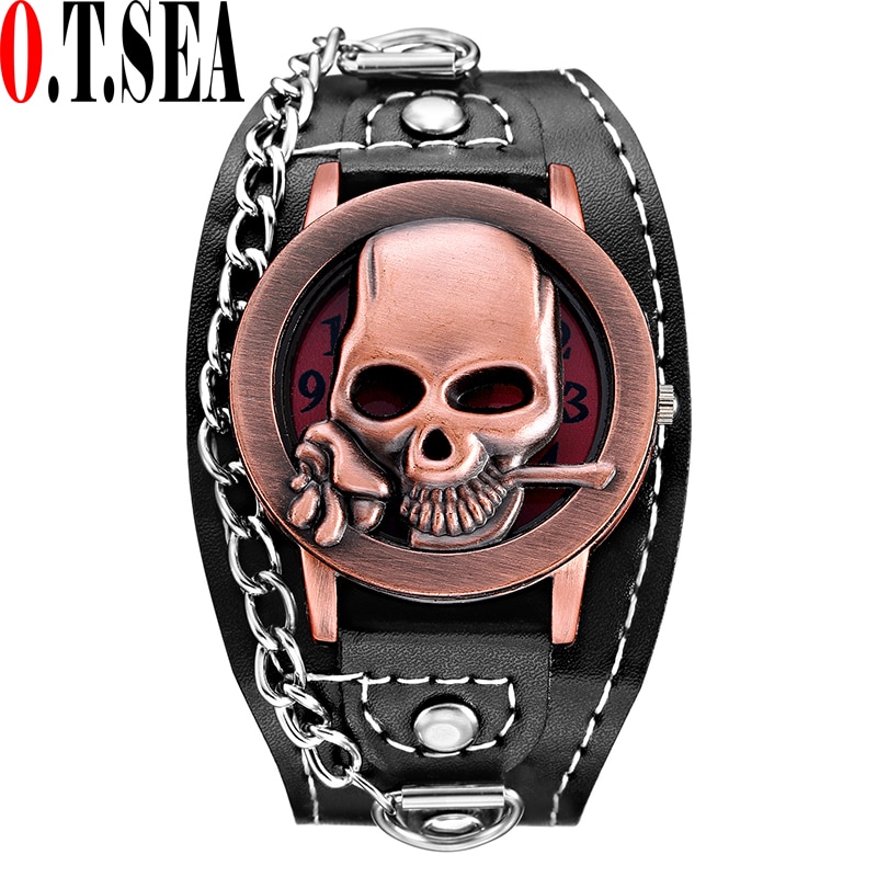 O. T. SEA Rose Skull cuarzo relojes estilo punk cuero de lujo reloj deportivo Relogio Masculino 1831-5